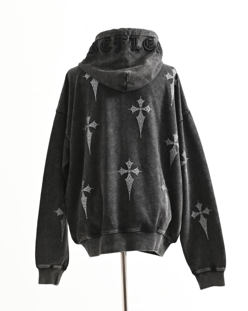 REFLEM Rhinestone Zip-Up Hoodie with All-Over Cross Pattern