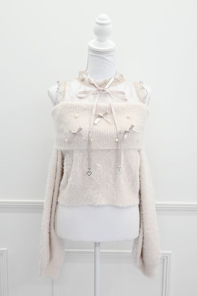 MA*RS Ribbon & Pearl Cable Off-Shoulder Knit