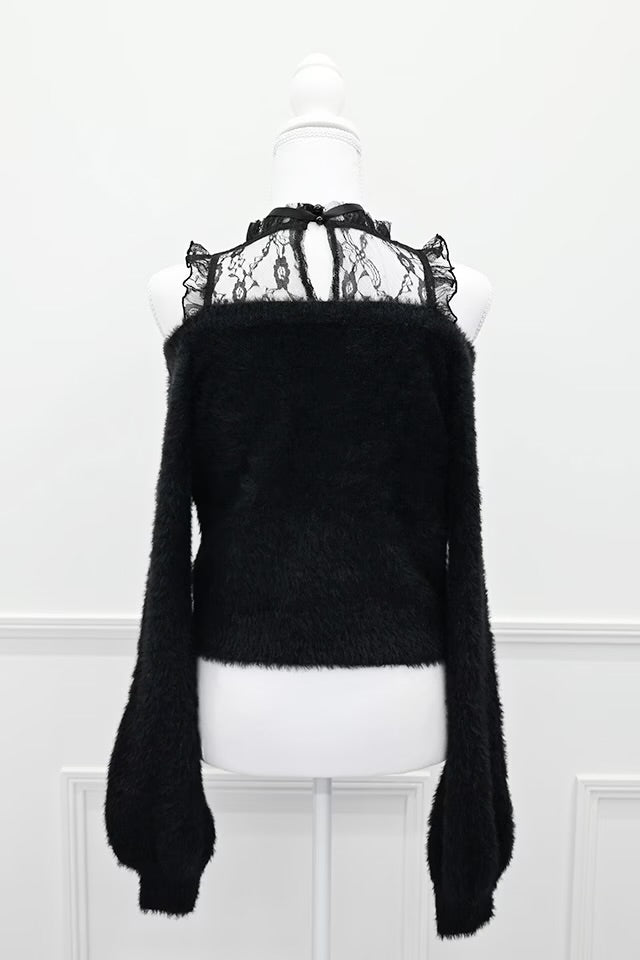 MA*RS Heart Button Off-Shoulder Shaggy Knit