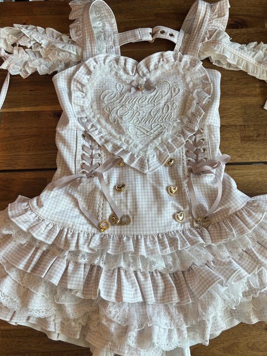 LizLisa Gingham Heart Apron Jumper-skirt Set-up