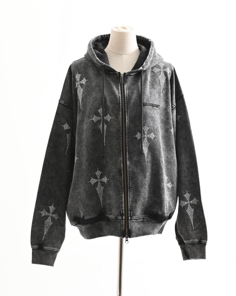 REFLEM Rhinestone Zip-Up Hoodie with All-Over Cross Pattern