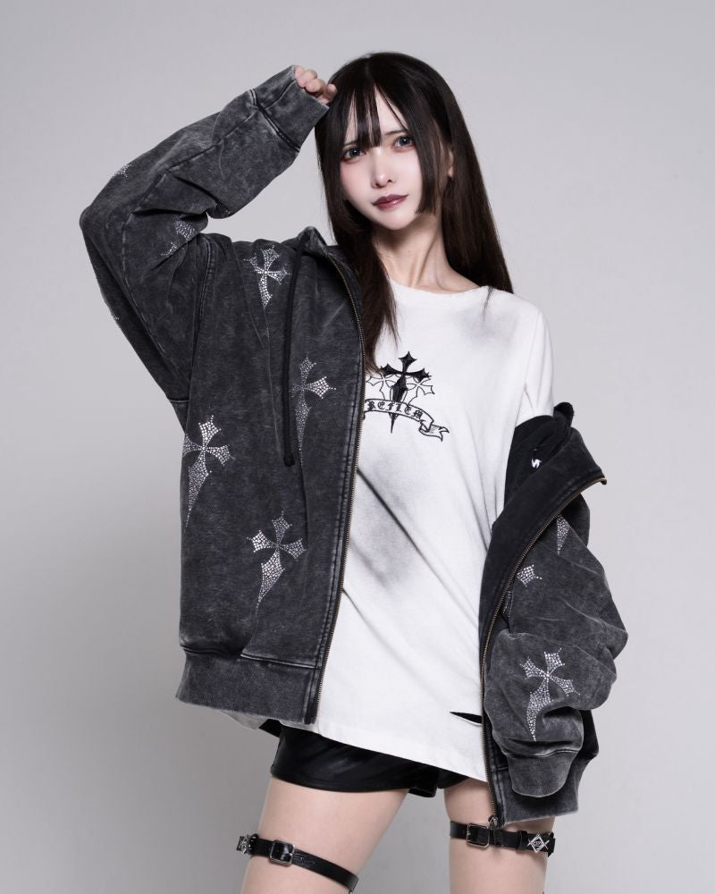REFLEM Rhinestone Zip-Up Hoodie with All-Over Cross Pattern