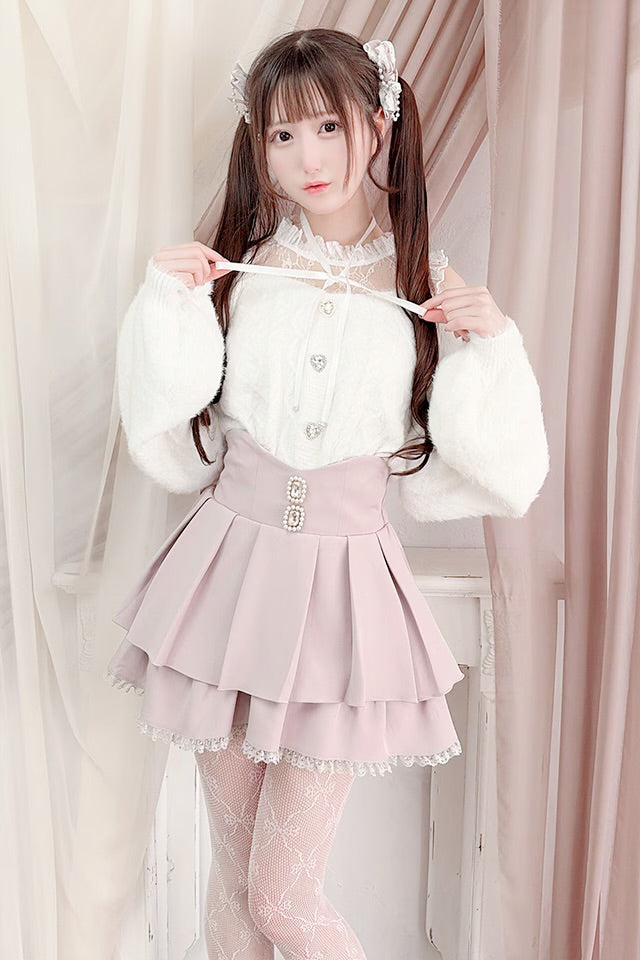 MA*RS Heart Button Off-Shoulder Shaggy Knit