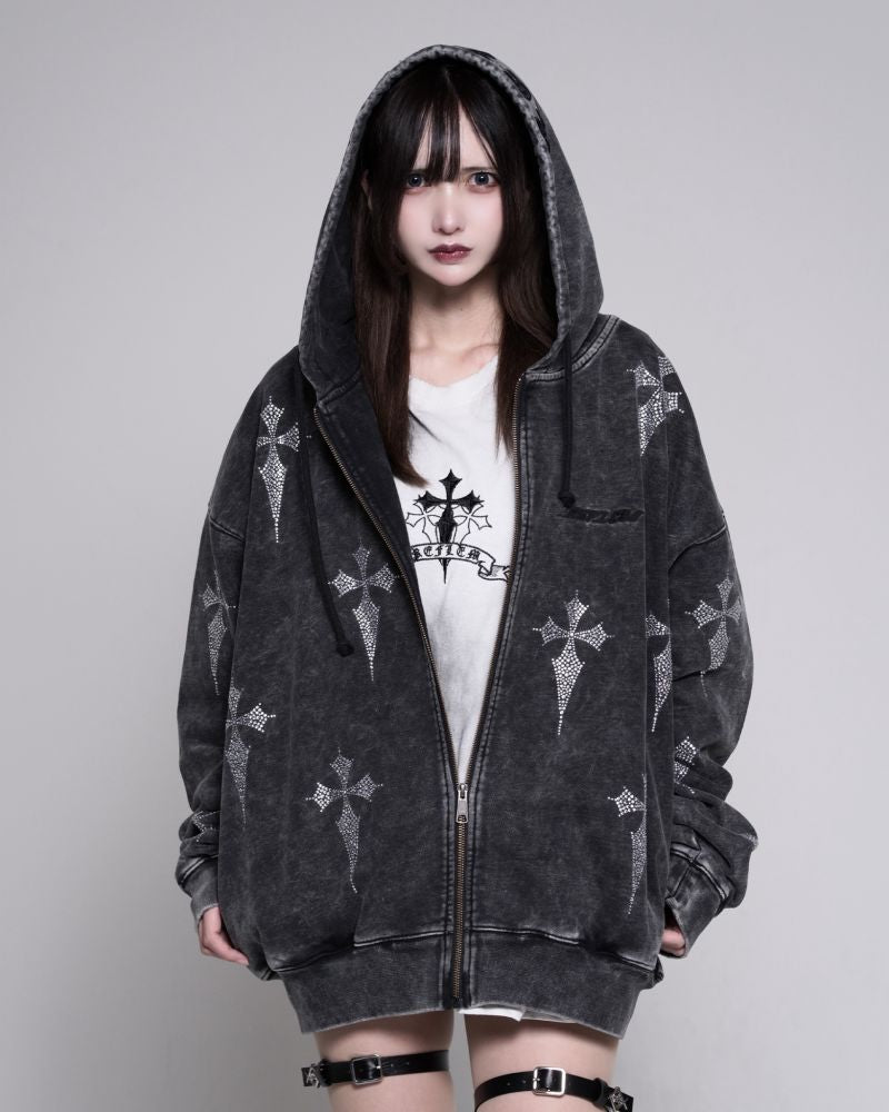 REFLEM Rhinestone Zip-Up Hoodie with All-Over Cross Pattern