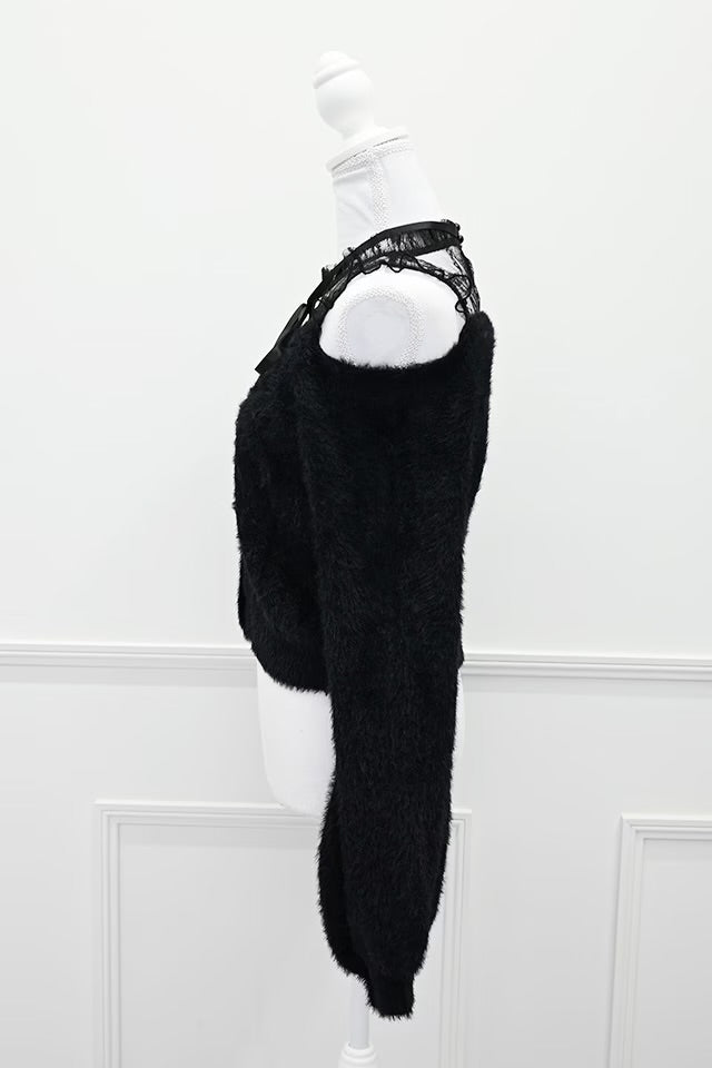 MA*RS Heart Button Off-Shoulder Shaggy Knit