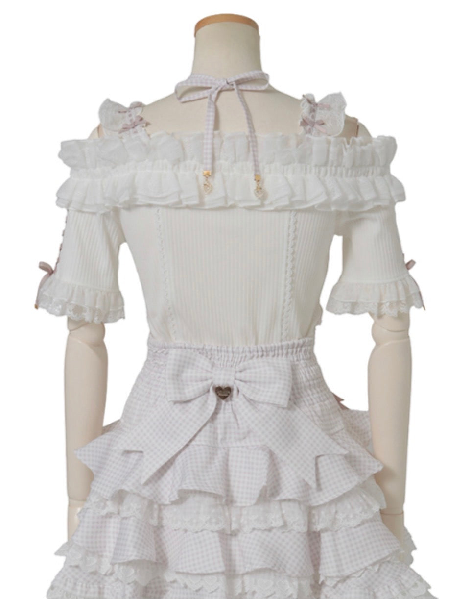 LizLisa Gingham Ribbon Frill Off-Shoulder Tops