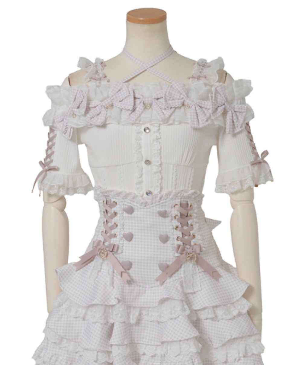LizLisa Gingham Ribbon Frill Off-Shoulder Tops