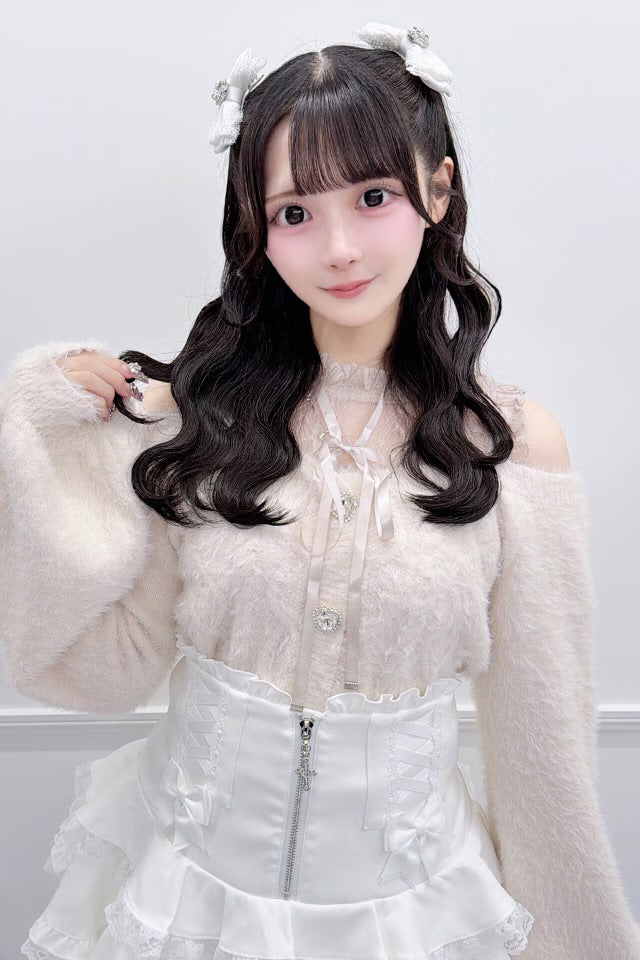 MA*RS Heart Button Off-Shoulder Shaggy Knit