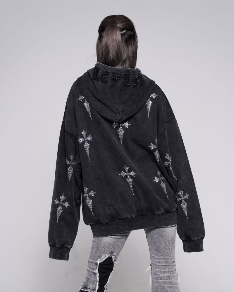REFLEM Rhinestone Zip-Up Hoodie with All-Over Cross Pattern