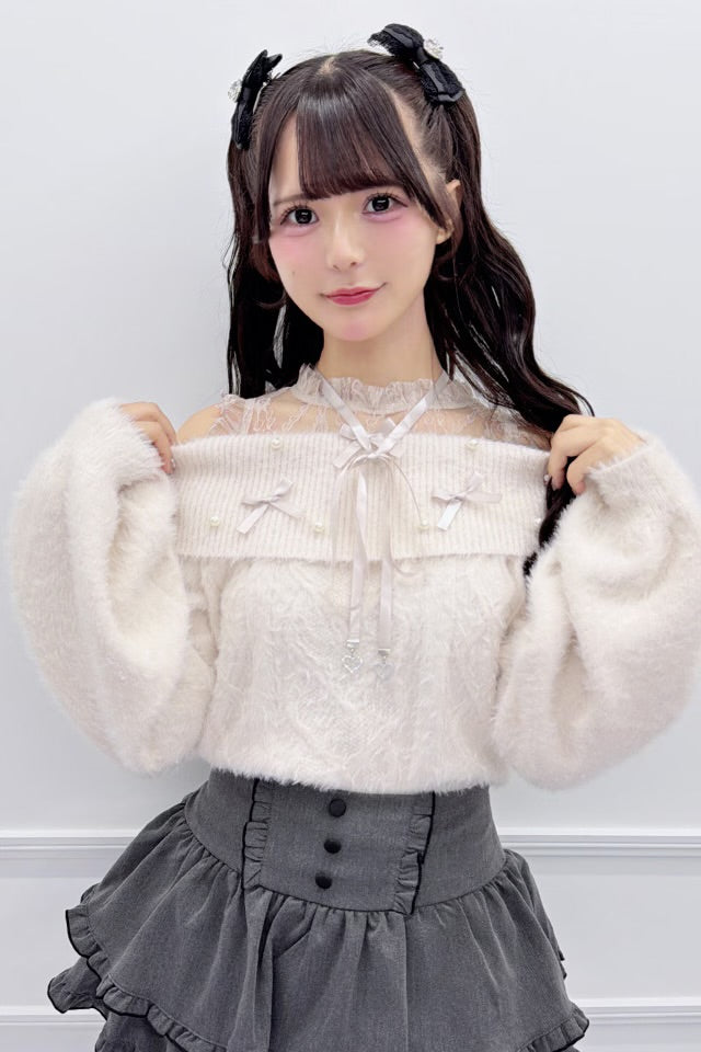 MA*RS Ribbon & Pearl Cable Off-Shoulder Knit