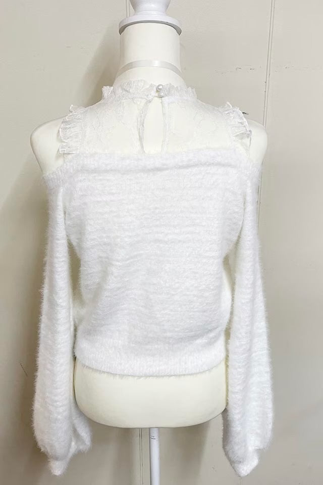 MA*RS Heart Button Off-Shoulder Shaggy Knit