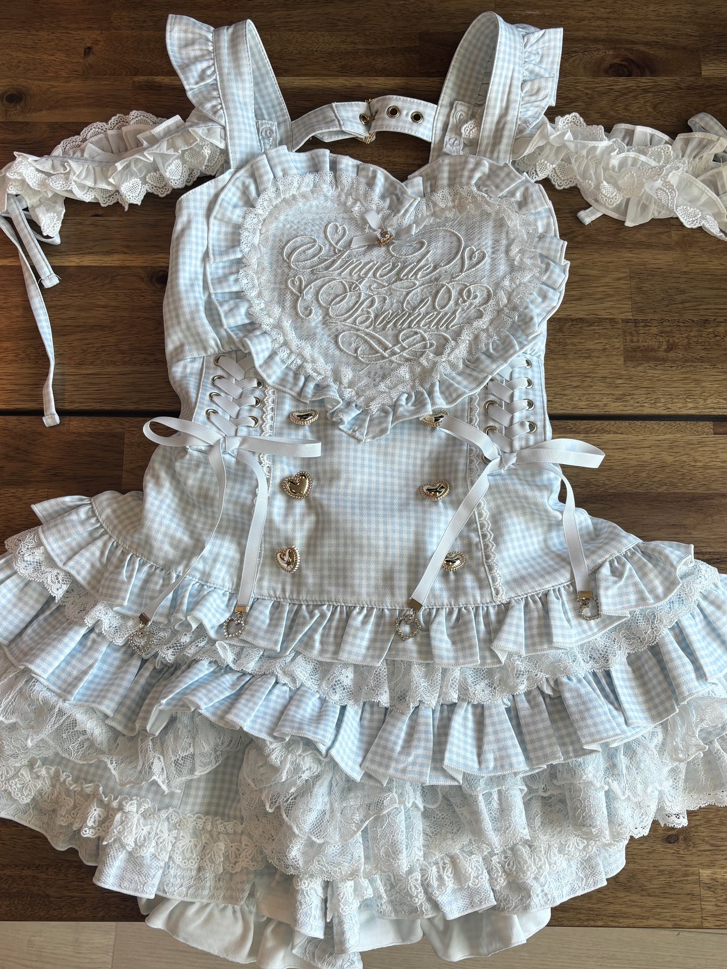LizLisa Gingham Heart Apron Jumper-skirt Set-up