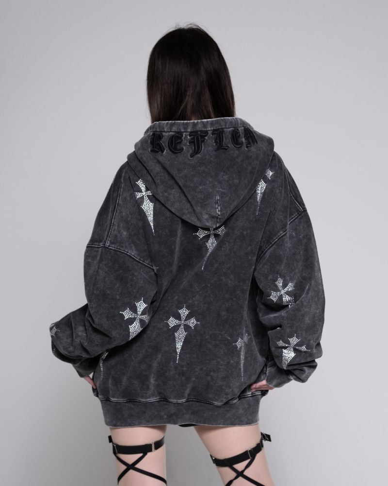 REFLEM Rhinestone Zip-Up Hoodie with All-Over Cross Pattern
