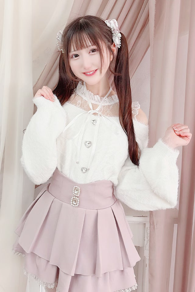 MA*RS Heart Button Off-Shoulder Shaggy Knit