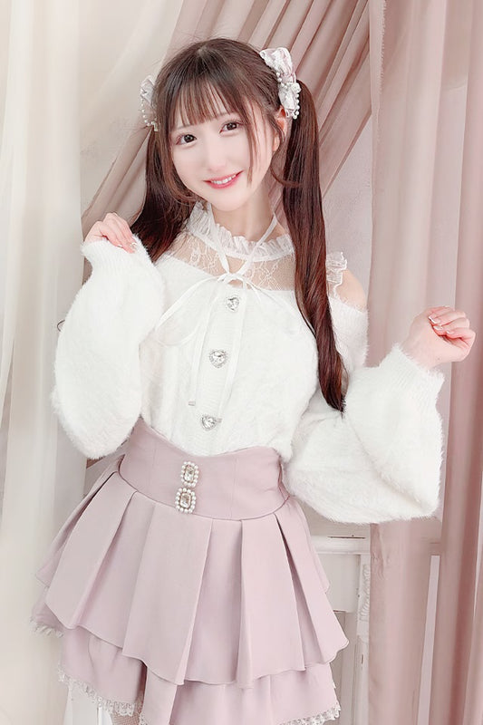 MA*RS Heart Button Off-Shoulder Shaggy Knit