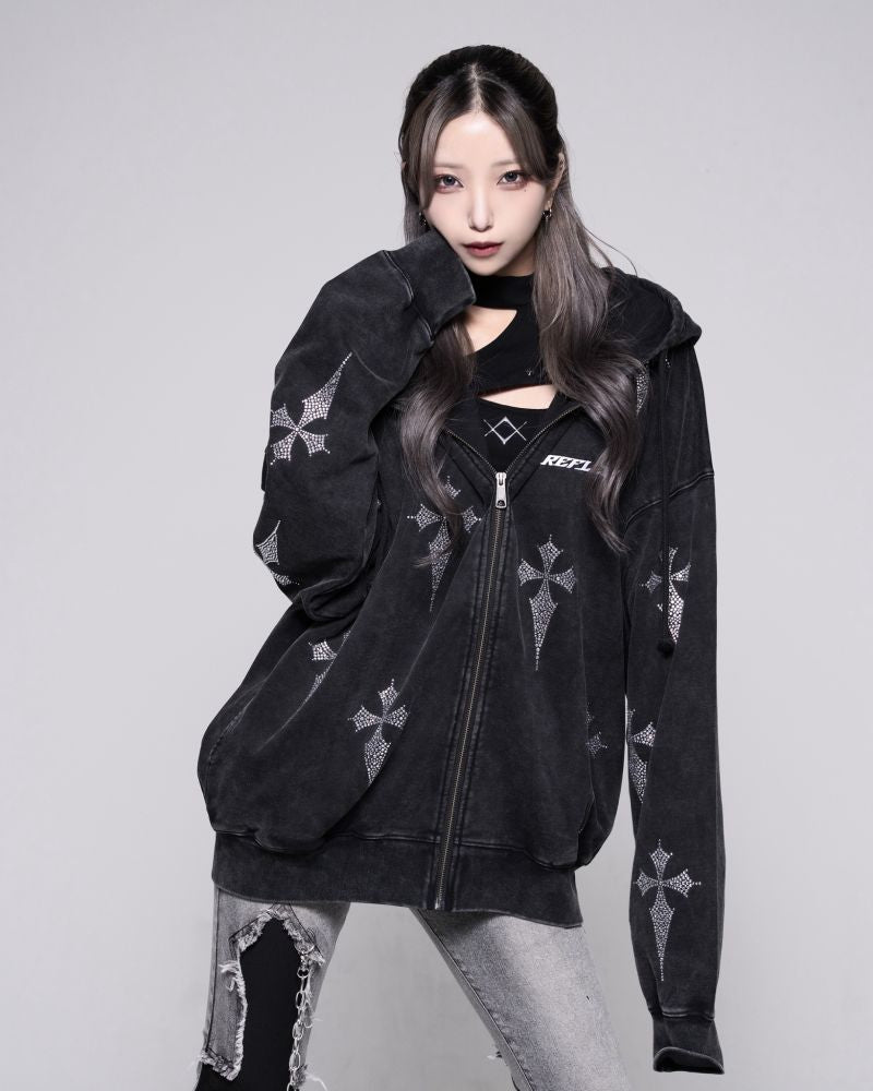 REFLEM Rhinestone Zip-Up Hoodie with All-Over Cross Pattern