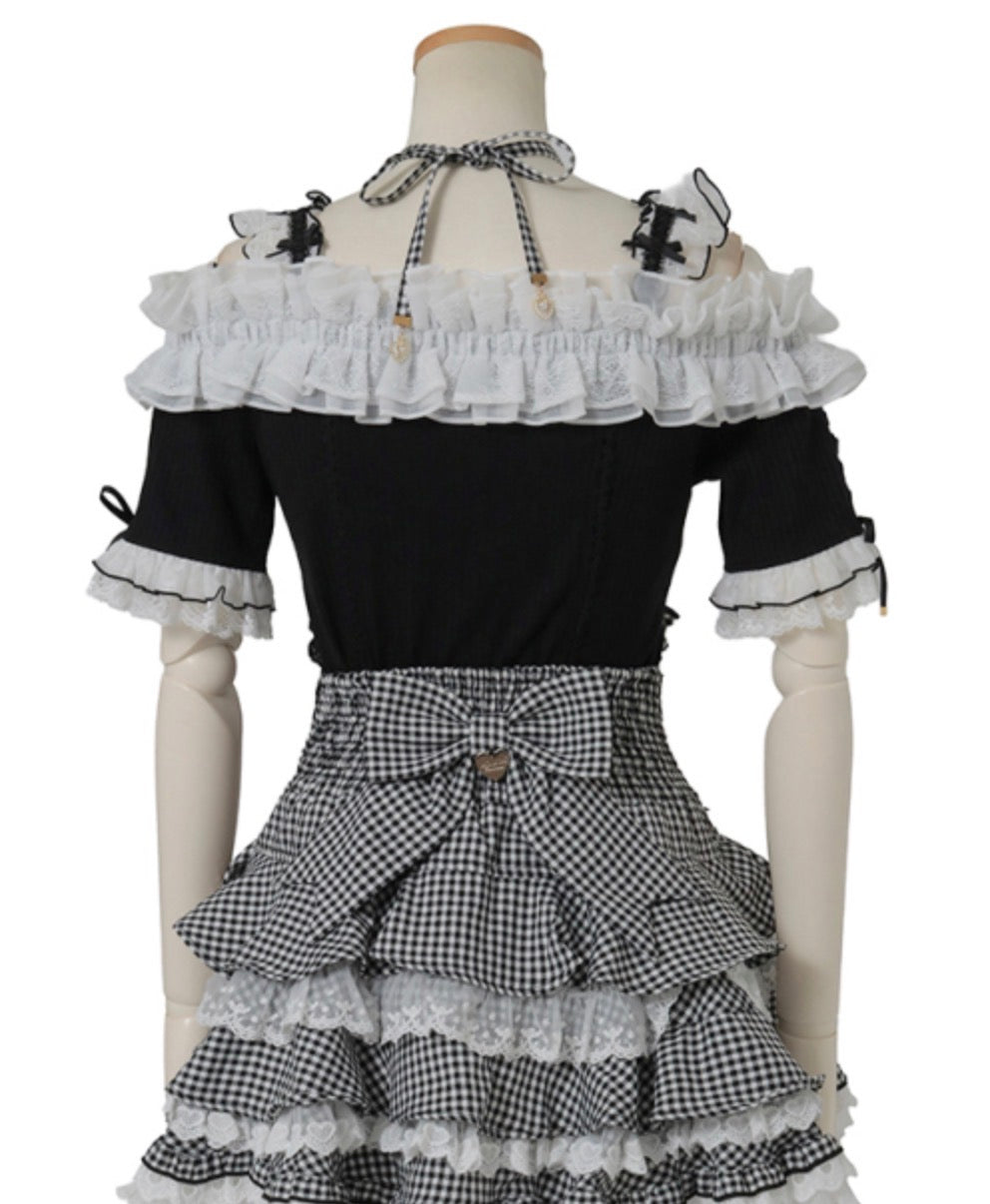 LizLisa Gingham Ribbon Frill Off-Shoulder Tops