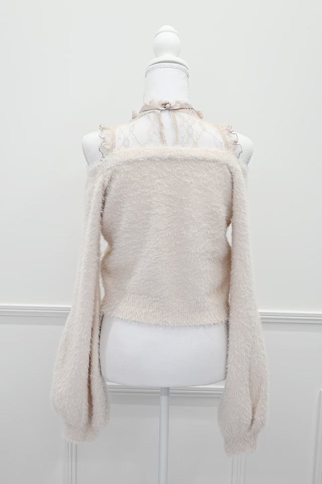 MA*RS Heart Button Off-Shoulder Shaggy Knit