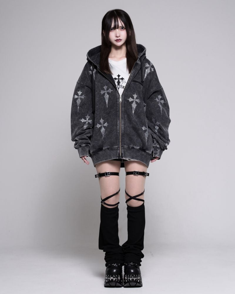 REFLEM Rhinestone Zip-Up Hoodie with All-Over Cross Pattern