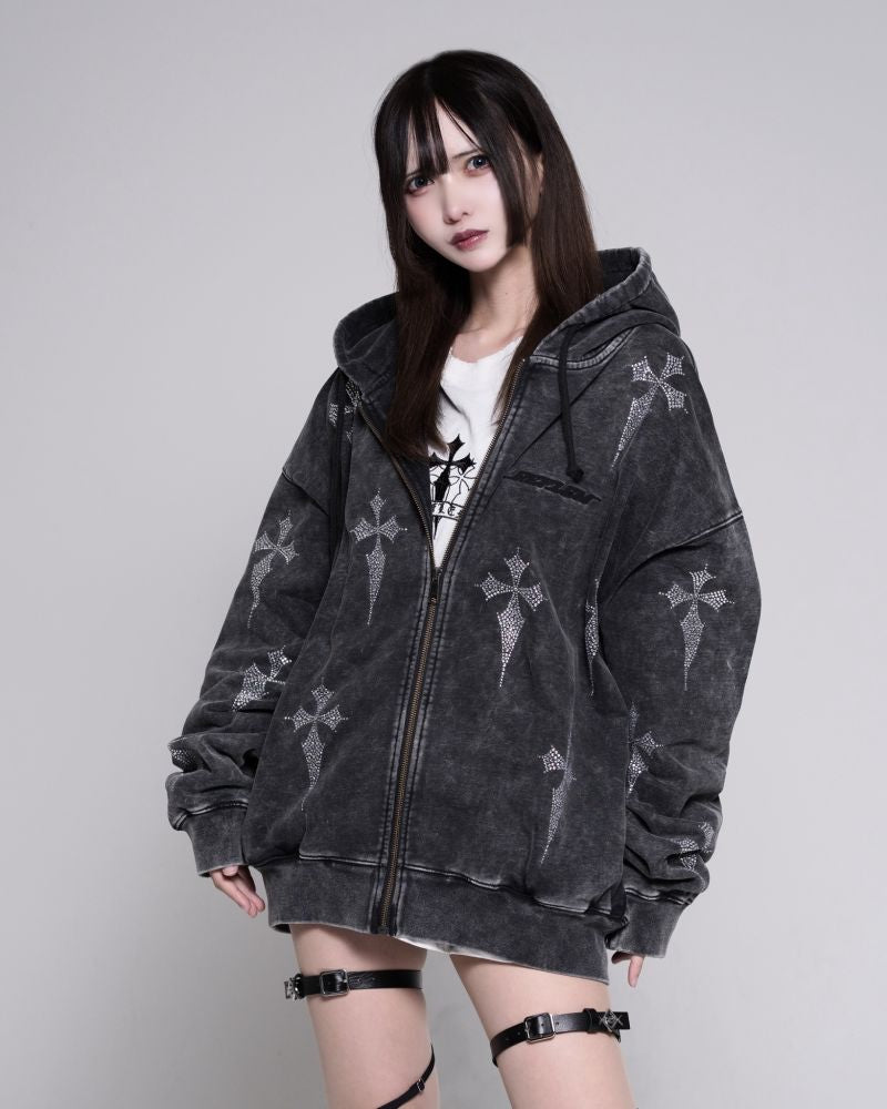 REFLEM Rhinestone Zip-Up Hoodie with All-Over Cross Pattern