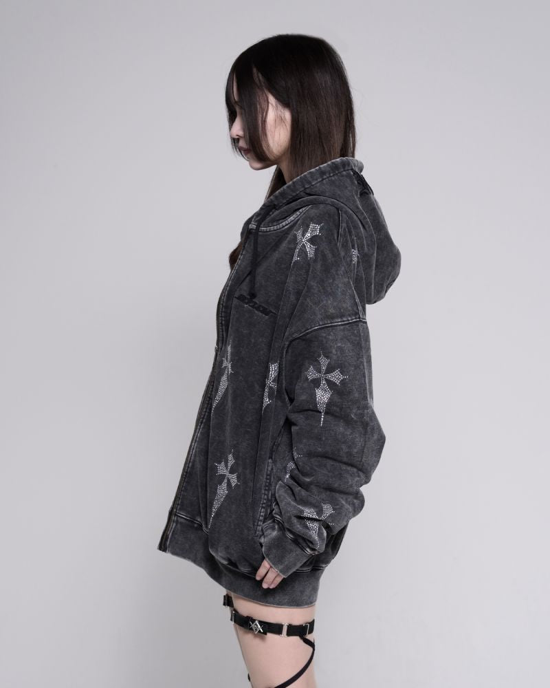 REFLEM Rhinestone Zip-Up Hoodie with All-Over Cross Pattern