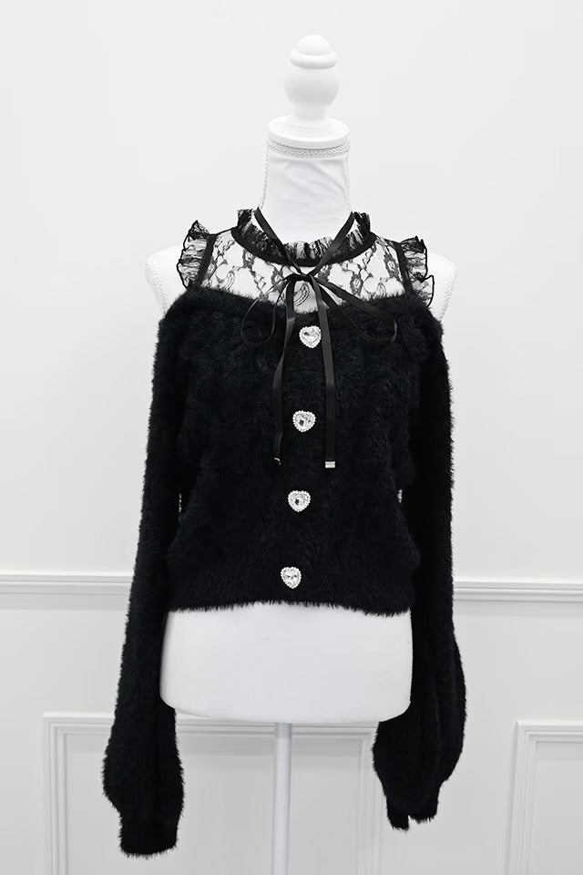 MA*RS Heart Button Off-Shoulder Shaggy Knit
