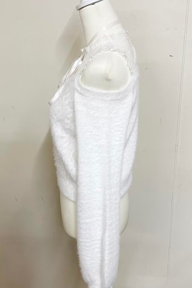 MA*RS Heart Button Off-Shoulder Shaggy Knit