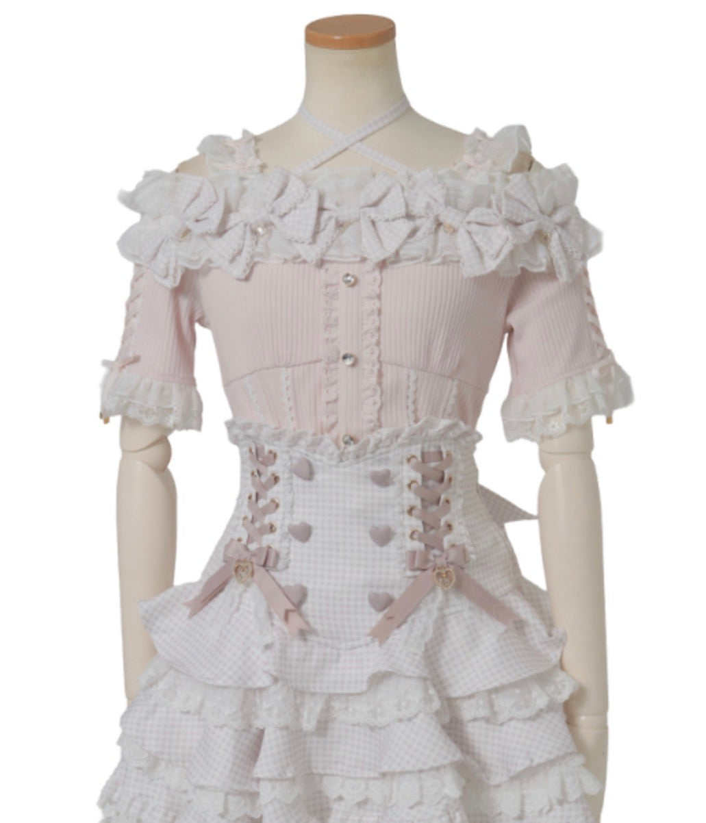 LizLisa Gingham Ribbon Frill Off-Shoulder Tops