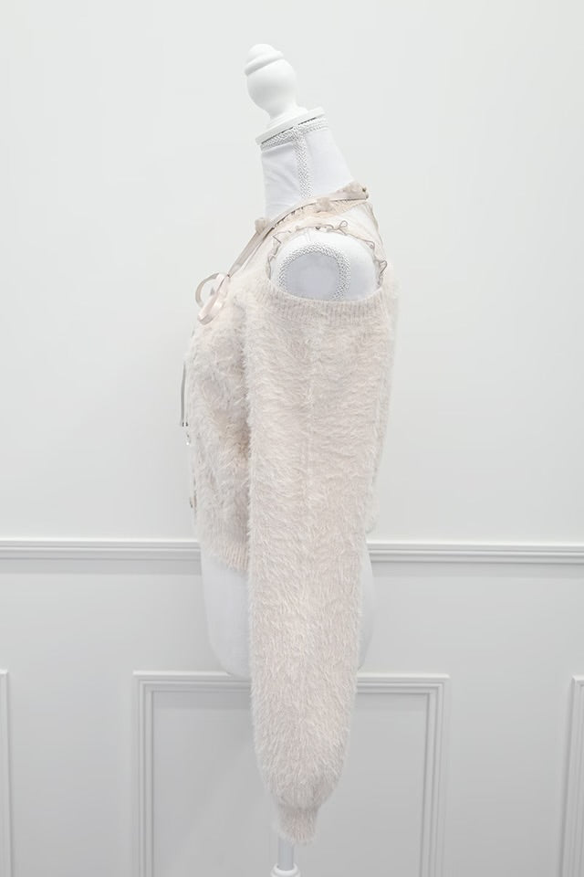 MA*RS Heart Button Off-Shoulder Shaggy Knit