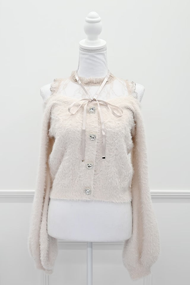 MA*RS Heart Button Off-Shoulder Shaggy Knit
