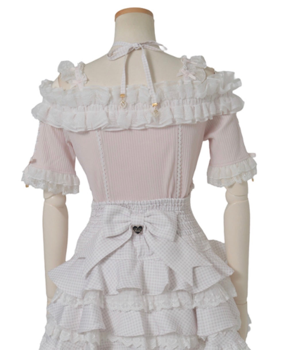LizLisa Gingham Ribbon Frill Off-Shoulder Tops