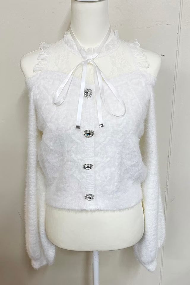 MA*RS Heart Button Off-Shoulder Shaggy Knit