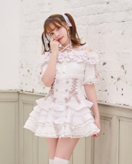 LizLisa Gingham Ribbon Frill Off-Shoulder Tops