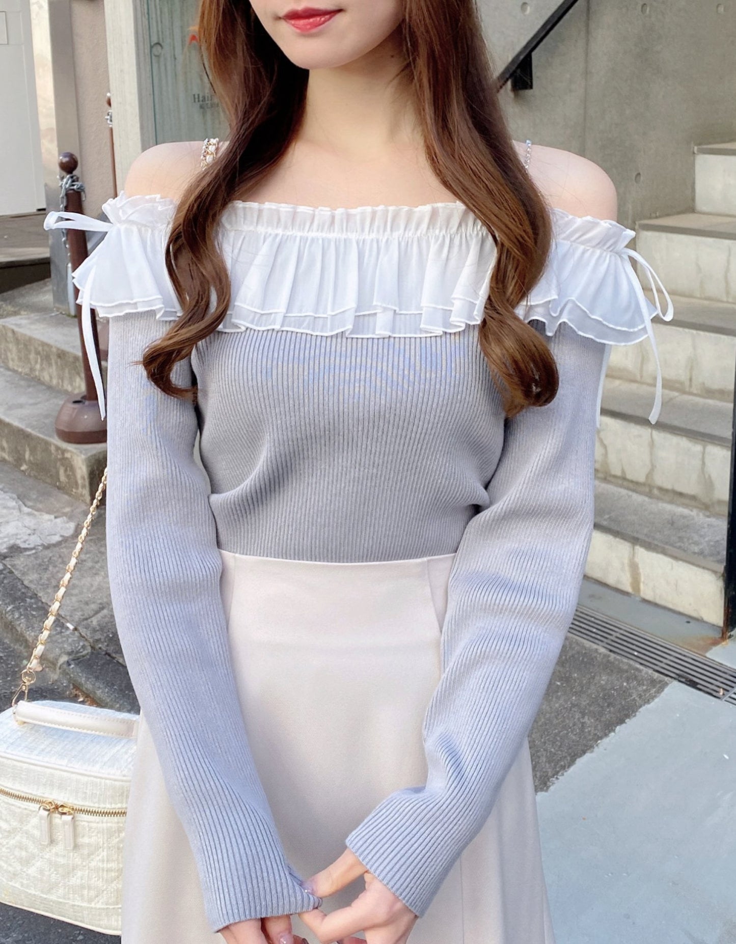 INGNI-Rhinestone Chain Off-Shoulder Frill Knit