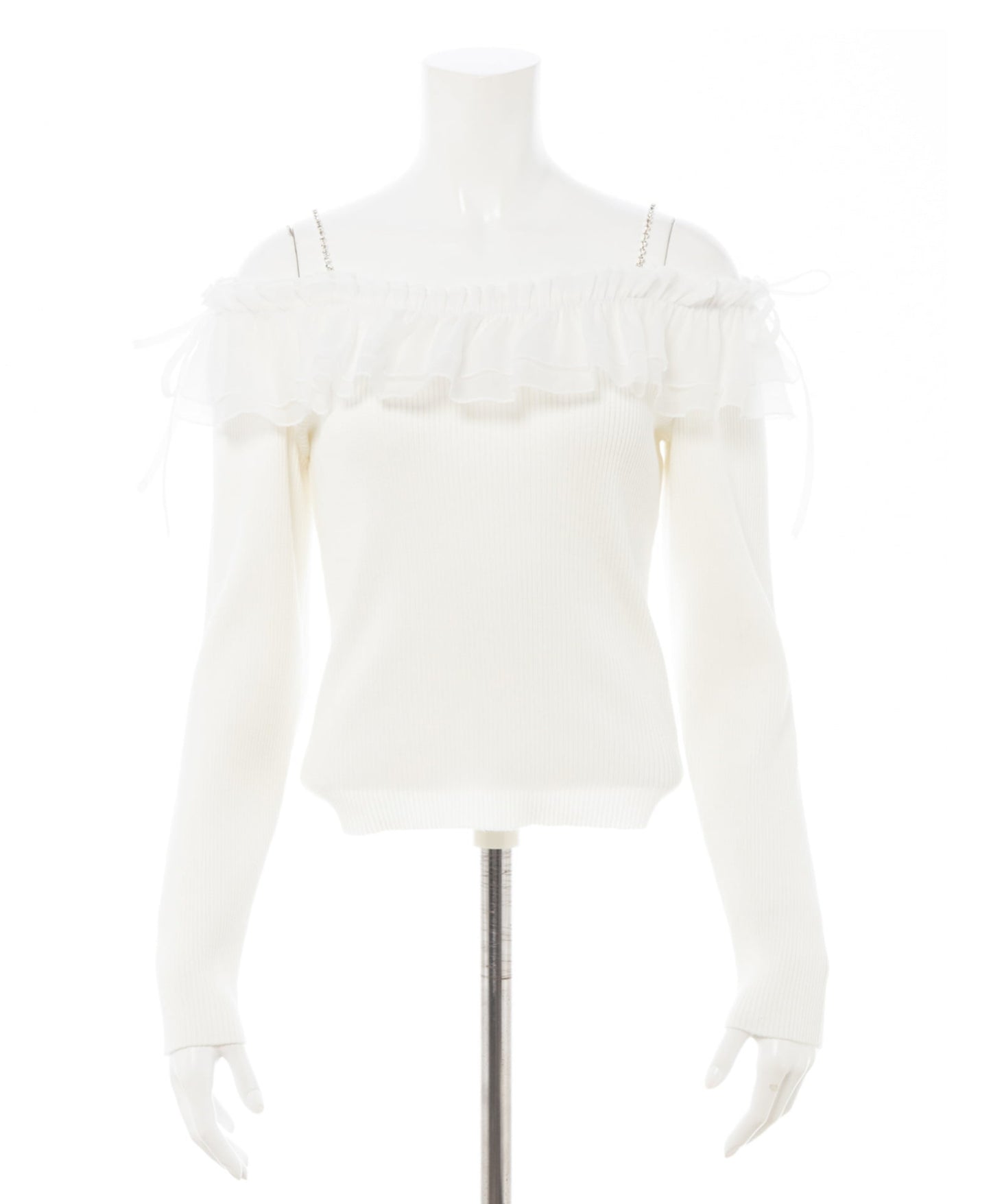INGNI-Rhinestone Chain Off-Shoulder Frill Knit