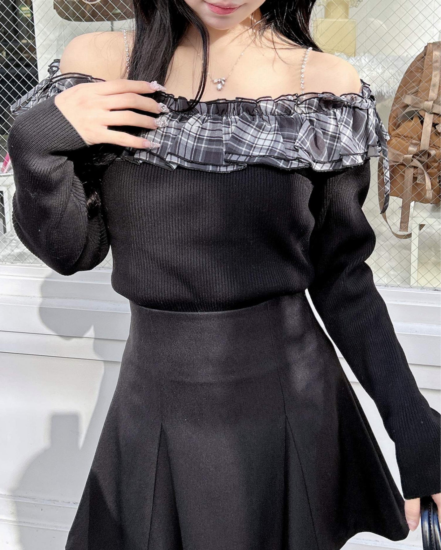 INGNI-Rhinestone Chain Off-Shoulder Frill Knit
