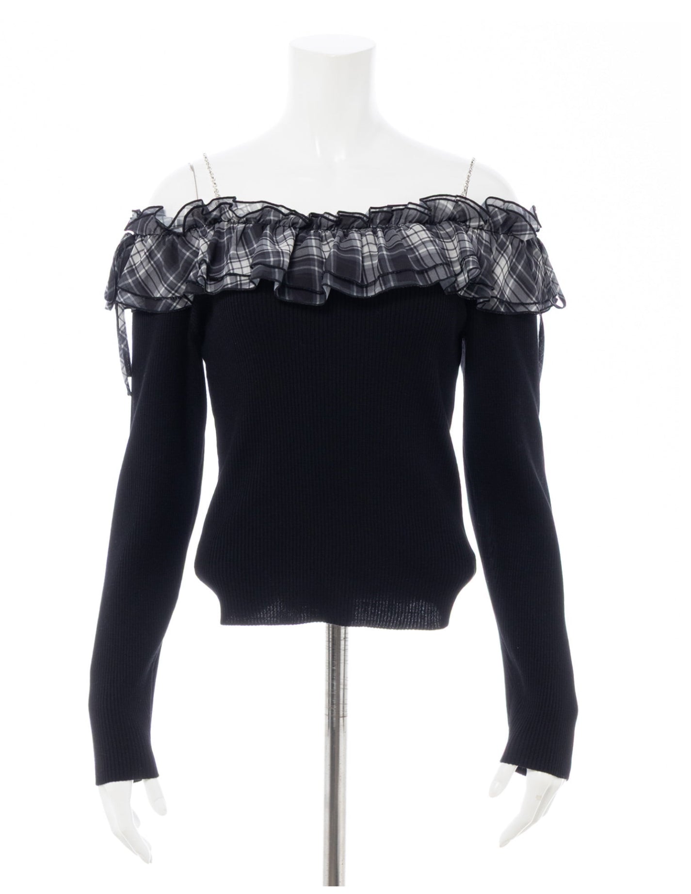 INGNI-Rhinestone Chain Off-Shoulder Frill Knit