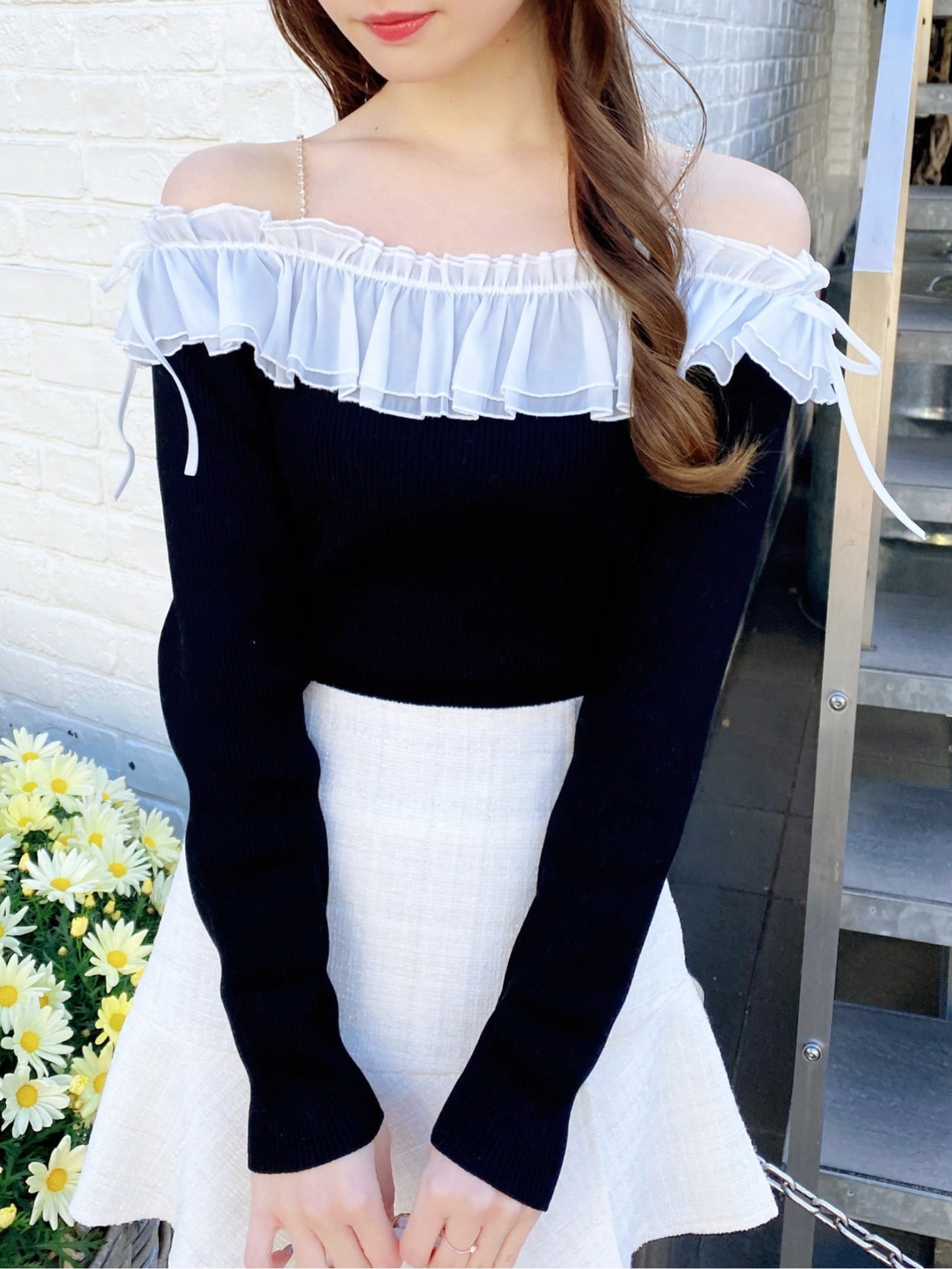 INGNI-Rhinestone Chain Off-Shoulder Frill Knit
