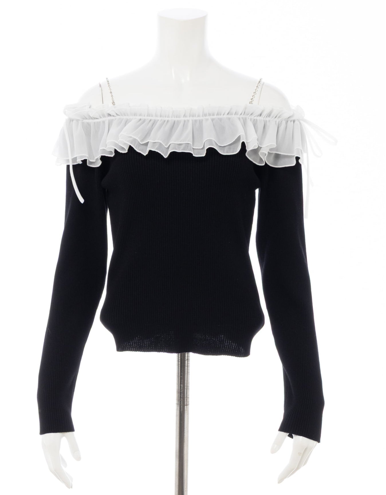 INGNI-Rhinestone Chain Off-Shoulder Frill Knit